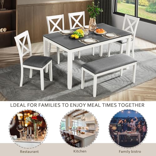 Image of Harper & Bright Designs 6-Piece Wooden Dining Set for 6,Kitchen Furniture Set with Cross Back 4 Dining Chairs and Bench,White+Gray