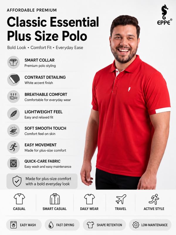 Image of EPPE Men's Plus Size Polo T-Shirt |Regular Fit, Stretchable Micropolyester Half Sleeve T-Shirt for Men|Casual & Sports Wear