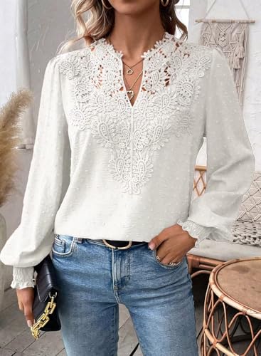 Womens Tops V Neck Boho Long Sleeve Shirts Swiss Dot Chiffon Blouses Flowy Lace Crochet Clothing Casual Trendy Tunic2