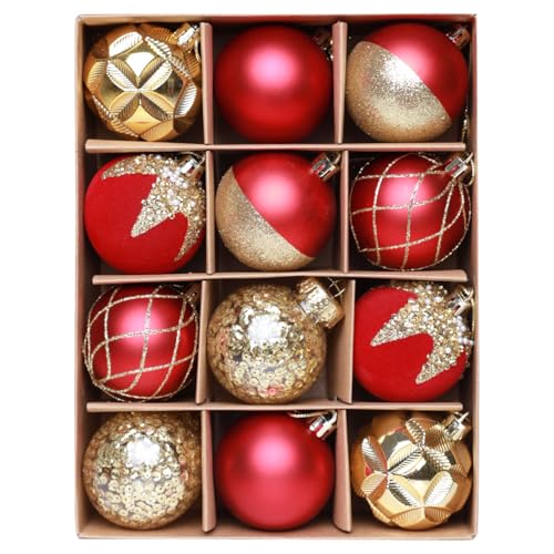 HipTree Christmas Tree Ornaments Decorations Set-12ct 3.14 Inch Red Gold Velvet Ornaments for Christmas Tree Shatterproof Hanging Ball Ornament Bulk,Xmas Tree Tabletop Decorations for Holiday Decor