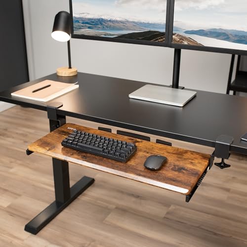 Image of VIVO Vintage Brown Large 27 x 11 in Under Desk Keyboard Tray, MOUNT-KB05N | Keyboard Tray for Typing, Slide Out Platform, Rustic, Extra Sturdy C-Clamp Mount System, Computer Drawer, Black Frame
