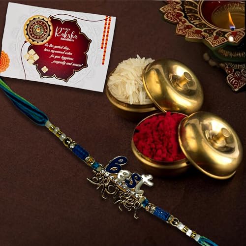 Image of inchPremium Rakhi for Brother | Handcrafted Raksha Bandhan Rakhi Bracelet for Bhaiya | Designer Traditional Rakhi Thread with Roli Chawal & Greeting Card | Rakhi Gift for Adults inch