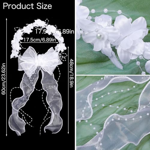GEEHUA First Communion Headbands for Girls, White Flower Headband Veil Headpiece Floral Bridal Crown Bow Wedding Veils with Pearls Hair Wreath Accessories for Women Girls - Thumbnail 3