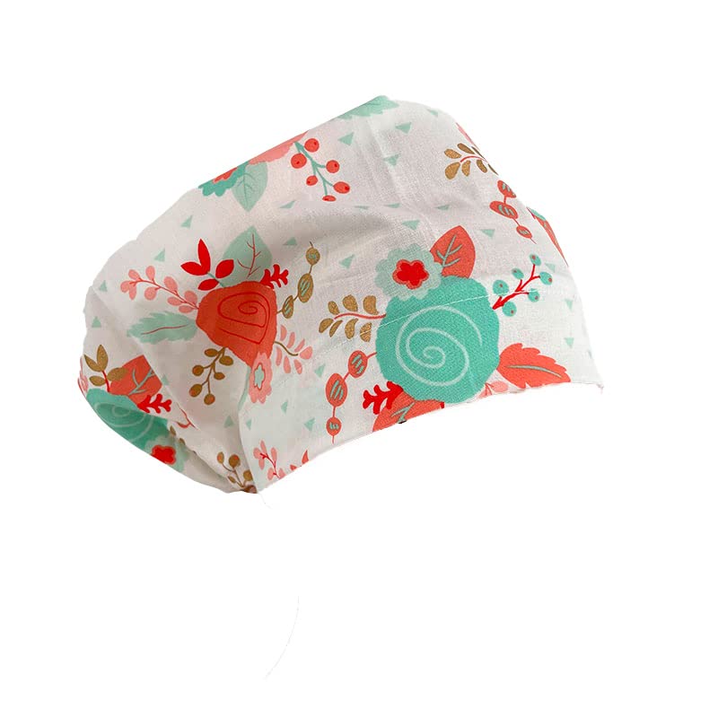 European Style Scrub Cap No Ribbon – White & Pastel Floral. - Scrub Hat for Women & Men tie Back | Working Cap with Holder. Unisex Surgical Caps, Nurses Hats | Dr. Hats
