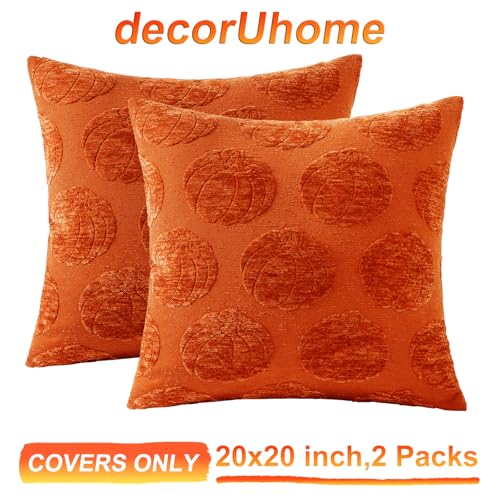 Image of decorUhome Decorative Rust Pumpkin Thanksgiving Throw Pillow Covers 20x20 Set of 2, Soft Chenille Jacquard Farmhouse Textured Pillow Covers for Couch Bed Sofa Autumn Harvest Halloween Holiday