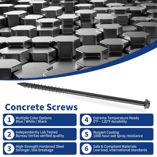 1/4" x 5" Concrete Screws, Black Hex Head with Star Drive, 100 Pack w/ 2 Drill Bits, 1 Star Bit, & 1 Hex Bit Included - Heavy Duty Masonry Anchor Screws for Concrete, Brick, Block - Carbon Steel by GLAZIER PRODUCTS LLC - Used condition - Image 6