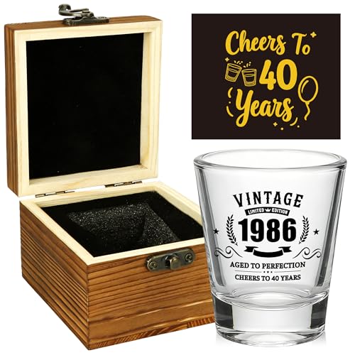 Image of 40th Birthday Gifts for Men, 1986 Whisky Glass Set, Wooden Box & Card