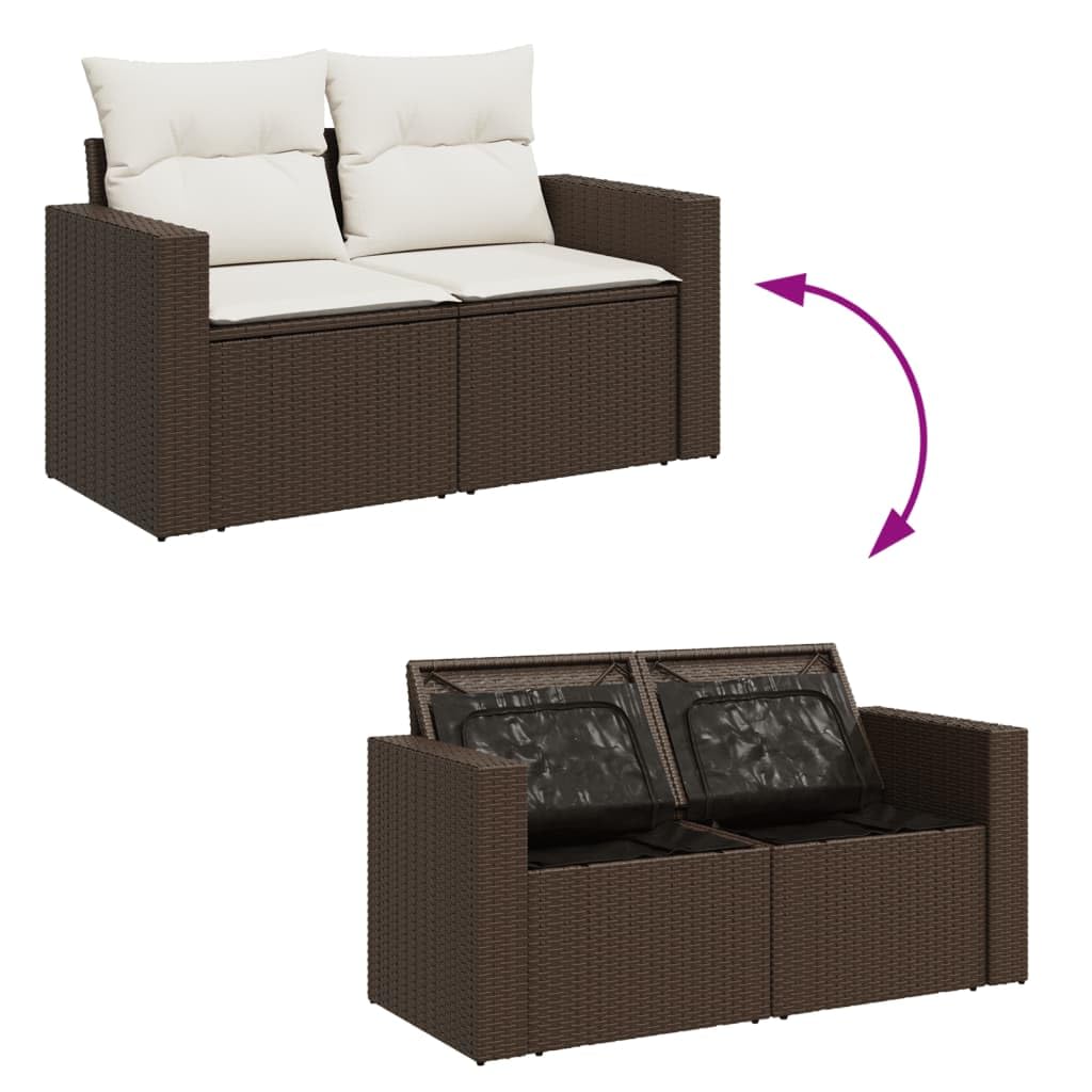 SECOLI Divano da Esterno a 2 Posti, Salotto da Giardino con Contenitore, Divanetto da Esterno con Cuscini in Polyrattan Marrone