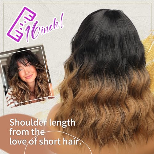 Nnzes Short Wavy Wig with Bangs for Women Shoulder Length Bob Curly Women's Charming Synthetic Wigs with Natural Wavy Black To Brown Heat Resistant Hair for Daily Party Use - Image 6