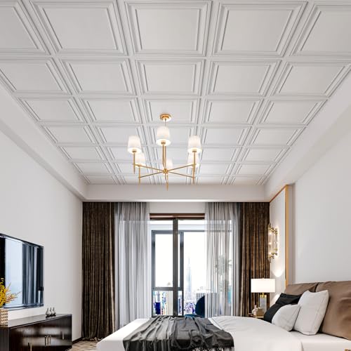 Image of STICKGOO Drop Ceiling Tiles 24x24 Inch, Glue Up Ceiling Panels, Pack of 12 | PVC Waterproof, Prevent Breakage, Easy Installation, Ceiling Covering for Home Office Decor, Cover 48 Sq. Ft, White