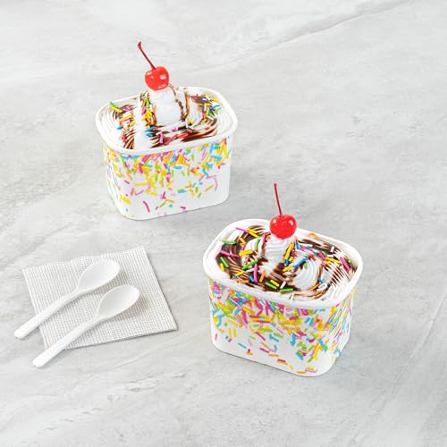 Image of Restaurantware Paper Cups 50 Count 12 Ounce Square Disposable Ice Cream Containers, Leak-Resistant Paper Dessert To Go Cups, Hot And Cold Food, Durable Party Sprinkles Design