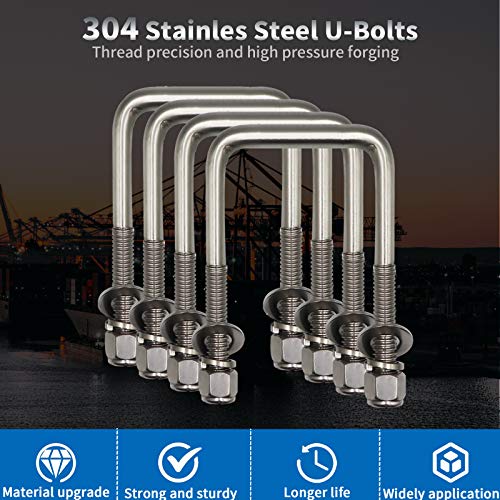 (4) Stainless Steel Square U-Bolt 1/2\" D x 3 1/16\" W x 4 5/16\" L Boat Trailer Ubolts with Washers and Nuts,Replacement Parts and Accessories for Automobiles Trailer, Ski Boat, or Sailboat Trailer