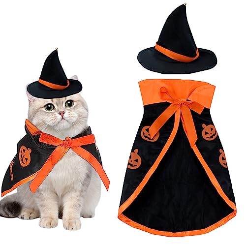 Halloween Pets Costume Cat Witch Halloween Costume Suit Cat Wizard Clothes Cat Cloak and Wizard Hat Halloween Pets Dress Up Cosplay for Small Medium Dogs Cats Halloween Decoration Cosplay Party