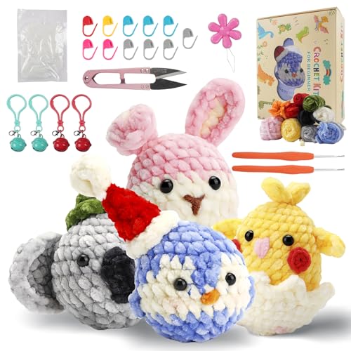 Welhammsae Kit de Ganchillo para Principiantes, Amigurumi Kit de Crochet de Animales para Principiantes con Instrucciones en Video Paso a Paso, DIY Manualidades Set Adultos-Conejo-Pollo
