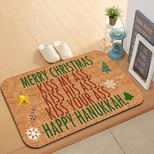 Funny Welcome Entrance Way Indoor Doormat Front Porch Decor Mat 18"(W) X 30"(L)Merry Christmas Happy Hanukkah Kiss My Ass Personalized Doormat For Front Door Decor Mat No Slip Indoor Novelty Gift Mat #TOP3