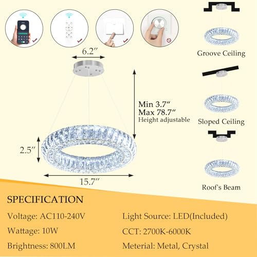 AFQEJG 15.7" Modern Crystal Chandelier Dimmable Ring Pendant Light Round Crystal Chandeliers for Living Room Dining Room Bedroom Silver — view 2