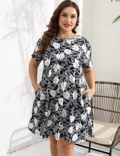 Image of Plus Size Dress for Curvy Women Summer Short Sleeve Casual Floral Printed T Shirt Dress with Pockets 3X, Black+white