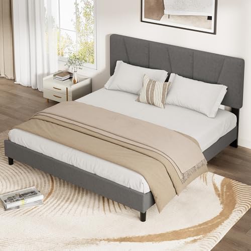 California King Bed Frame with Upholstered Headboard, Platform Bed Frame with Anti-Squeak Hook-and-Loop Slats, Adjustable Headboard, No Box Spring Needed, Sturdy Metal Support, Noise Free, Easy Assemb - 2