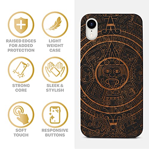 Caseyard Wood Phone Case For Iphone Xr Laser Engraved Maya Calendar Design Black Wood Compatible Iphone Case Protective Shockproof Slim Fit Cell Phone Cover For Men & Women #TOP3