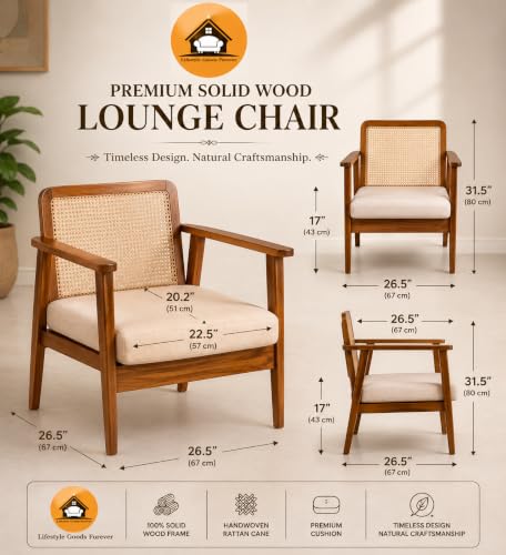 Image of LSGF Mangz Wooden Lounge Chair with Rattan Cane Back | Solid Wood Accent Chair with Cushion | Mid Century Modern Armchair for Living Room, Bedroom & Office (Natural Teak)
