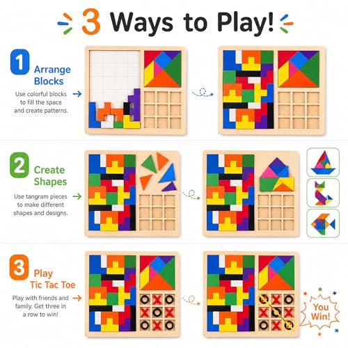 Image of Wudly 3in1 Wooden Puzzle Toy for Kids Tetris Tangram Tic Tac Toe Board Montessori Educational Brain Development Toys for 3-7 Years Logic & IQ Game Birthday Gift for Boys Girls Learning Toy