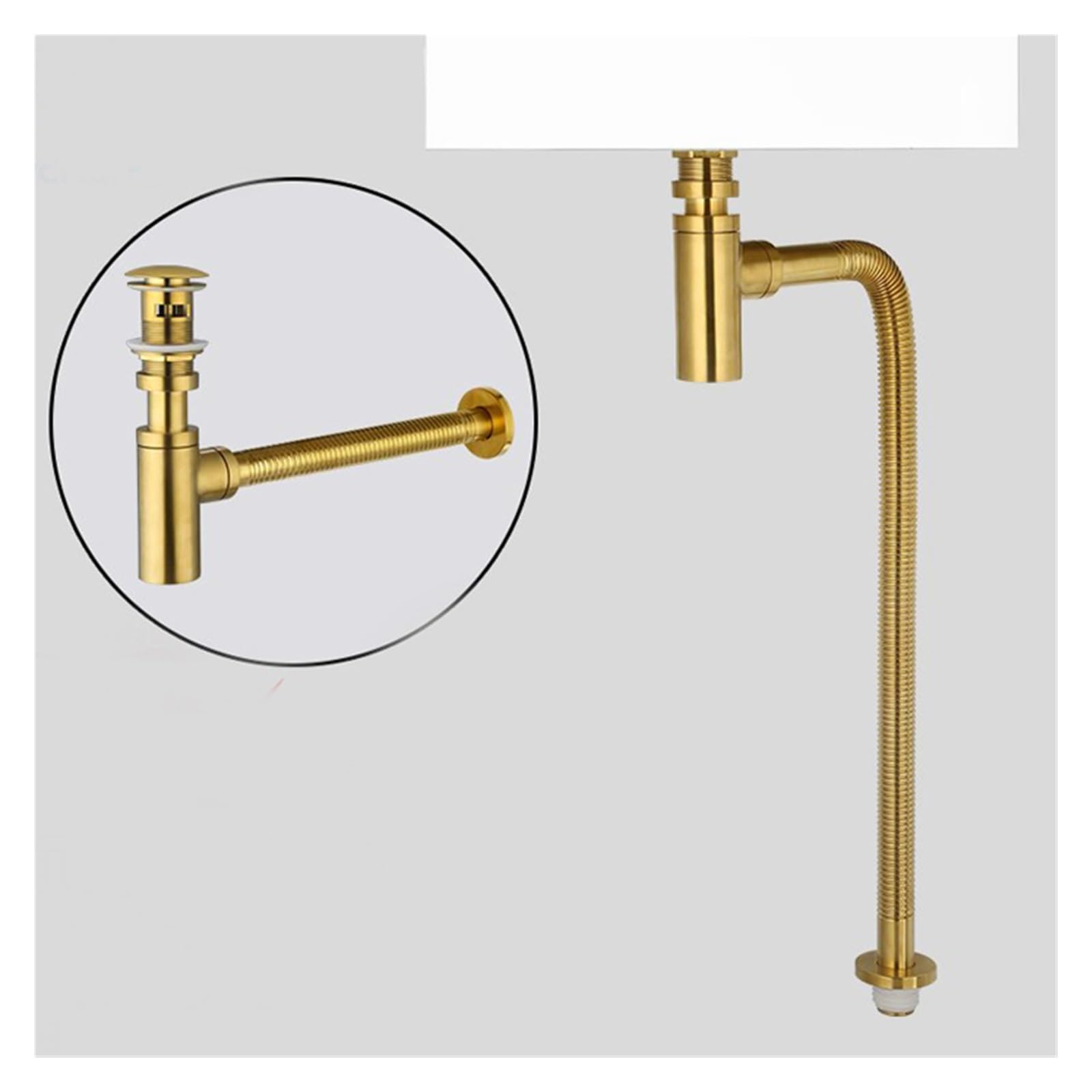 Fregadero de lavabo Oro pulido, drenaje emergente, tubo Flexible, cubierta redonda, latón con escurridor residuos desbordamiento, 1 Uds Para Bricolaje(Brushed Gold With hole)