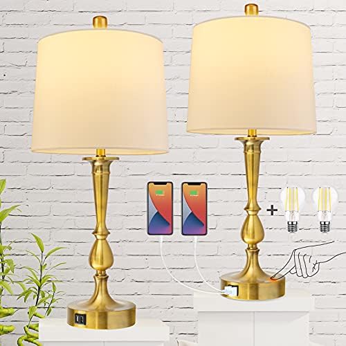 Set of 2 Touch Control Table Lamp with Dual USB Charging Ports Desk Lamps, 3-Way Dimmable Modern Nickel Finish Bedside Large Table Lamps Gold for Living Room Bedroom by PARTPHONER