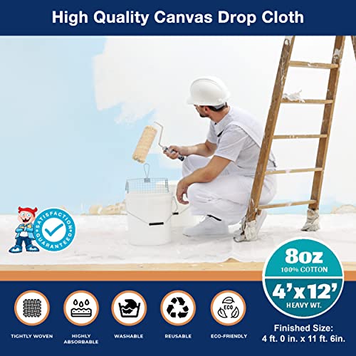 Canvas Drop Cloth For Painting 4X12 Ft – All Purpose Canvas Tarp For Floor & Furniture Paint Protection – Painters Drop Cloth Curtains –8 Oz. Seamless Canvas Fabric Painting Supplies For Home Tuffboy #TOP1