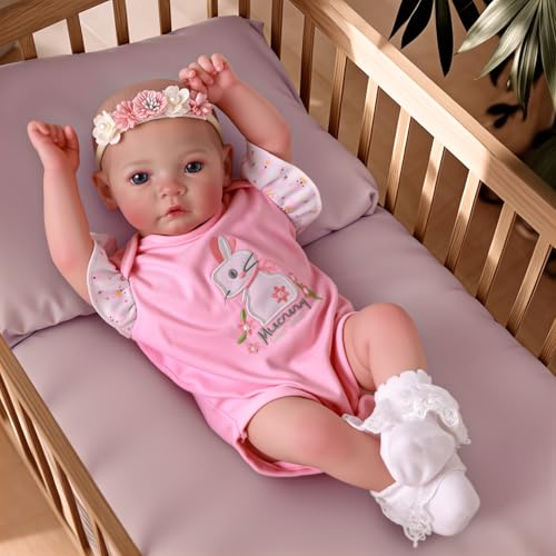 JIZHI 17 Zoll Reborn Baby Puppe Mädchen – Realistische Weiche Neugeborene Babypuppe mit Zubehör, Blaue Augen & Rosa Hasen-Outfit, Geschenk für Mädchen ab 3 Jahren