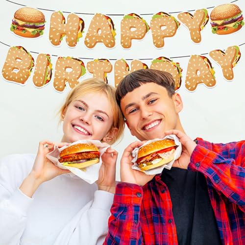 Image of Hamburger Happy Birthday Banner, Hamburger Birthday Party Decorations, Fast Food Snacks Themed Birthday Party Supplies