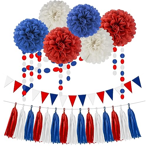 Image of Red White Blue Party Decorations - 23pcs Tissue Paper Flower Pom Poms Tassel Garland Pennant Banner Flags Streamers Patriotic 4th of July American Independence National Day Graduation Birthday Decor