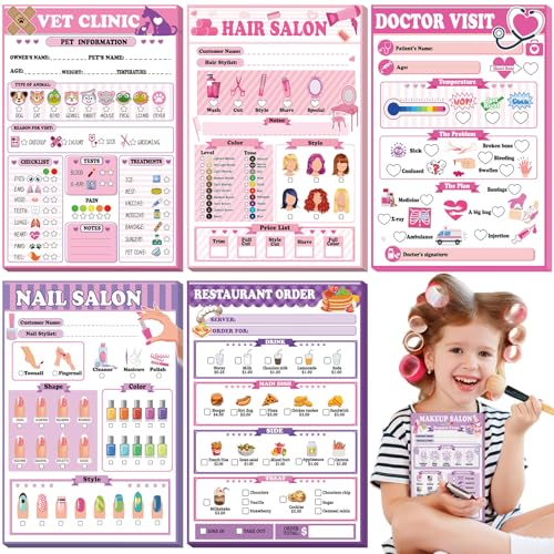 Image of Eaasty 6 Pack Kids Pretend Play Notepads 4x6 Inch,Girls | 6 Career Themes Dental Police Vet Makeup Restaurant, 40 Pages per Notepad for Toddlers Imaginative Activity and Learning