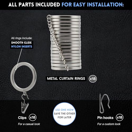 Blasthome ™ Luxury Curtain Rings – Premium Metal With Quiet, Smooth Nylon Inserts – Pinhooks And Clips Included – 1 1/2 Inch Inside Diameter – 18 Rings For Two Standard Curtains– Brushed Nickel thumb #3