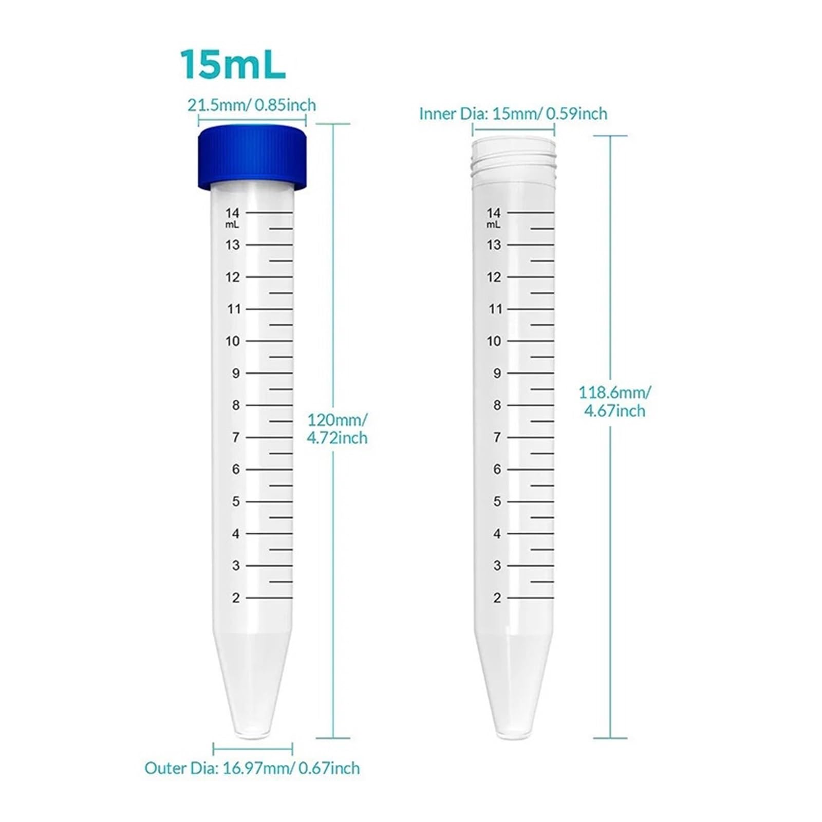 15 ml Przezroczyste probówki wirówkowe z zakrętką i skalą, wolnostojące, laboratoryjne probówki wirówkowe, pojemnik(15ml 25PCS)