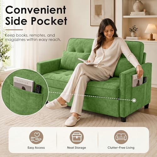 Image of Dreamzie 55'' 3 in 1 Convertible Sofa Bed with USB Charging Ports, Pull Out Couch with Adjustable Backrest and Side Pockets, Sleeper Sofa for Living Room, Apartment, RV, Easy Assembly - Green