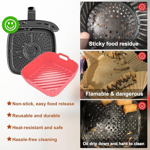 Image of Large Silicone Air Fryer Liners Square 5-9 QT, 7.9 Inch Airfryer Liners Reusable Air Fryer Silicone Liners Pot Oven Liner Baking Tray, Air Fryer Basket Silicone Mat Bowl Air Fryer Accessories, 2 Pack