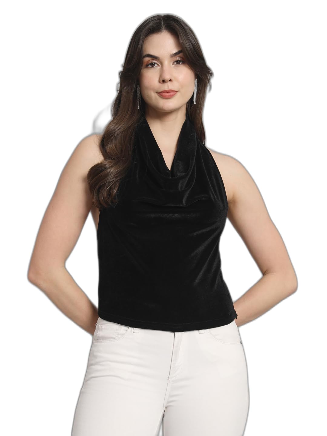 Halter Neck Top for Women | Shiny Velvet Sleeveless Stylish Party Outfit-image-1