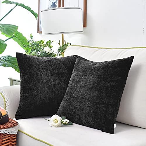 Image of CaliTime Pack of 2 Cozy Throw Pillow Covers Cases for Couch Sofa Home Decoration Solid Dyed Soft Chenille 12 X 12 Inches Black