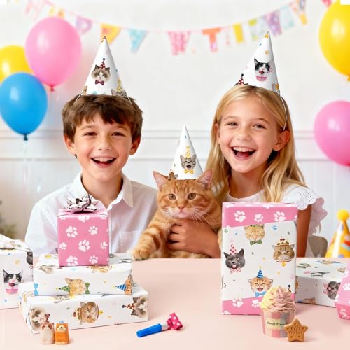 WERNNSAI Katzen Geschenkpapier – 1 Rolle Geschenkpapier mit Katzenmotiv Geburtstage Mädchen Kinder Rosa Katzenpfotenabdrücke Geschenkverpackung mini Rolle Katzen Geburtstagsparty Dekoration 43cm x 5m