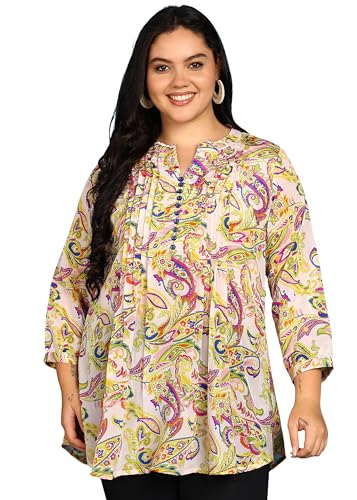 Image of Yash Gallery Women's Wrinkle Free Printed Short Kurti Mandarin Collar with Pintuck Pleats 3 /4th Sleeve