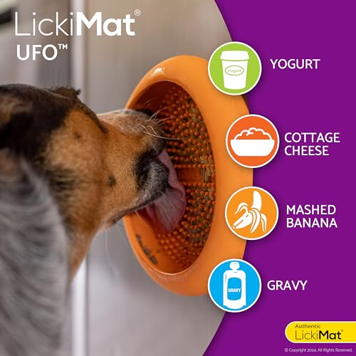 LickiMat UFO Ablenker für Baden, Duschen und Fellpflege, Naturkautschuk, großer Schnuller, Lecknoppen, weiche und laufende Leckereien, einzigartiges Futter- und Dribbelfänger-Design, langsamer