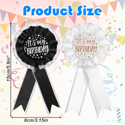 2 Pcs Birthday Pins for Women It's My Birthday Brooch Satin Fabric Happy Birthdays Pin for Award Badge Prize Party Decoration Jewelry Gift Women Men Black White2