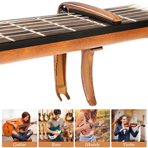 Image of Acoustic Guitar Capo with 6 Guitar Picks, Wood Grain