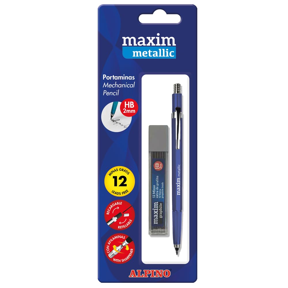 Alpino Portaminas Maxim Metalix Portaminas recargable de 2mm con cuerpo metálico y afilaminas | Blíster con 12 minas HB gratis | Colores metálicos surtidos