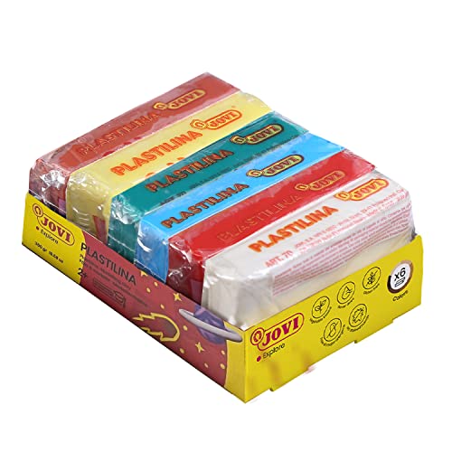 Image of Jovi Plastilina White Yellow Red Brown Dark Green Light Blue Non-Drying Non-Toxic Modelling Clay for Art & Craft Pack of 6 Bars 50gms Each Fine Motor Skills Moulding Project Work with Dough