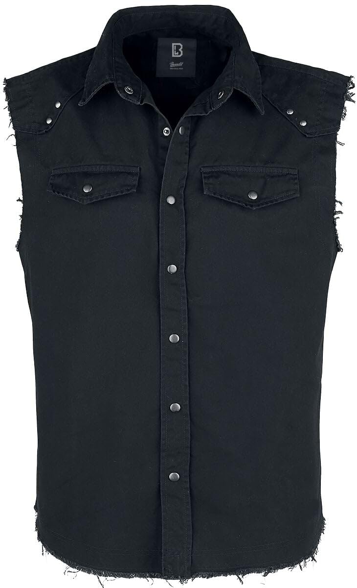 Brandit Sleeveless Vintage Shirt Uomo Camicia Maniche Corte Nero 100% Cotone Regular