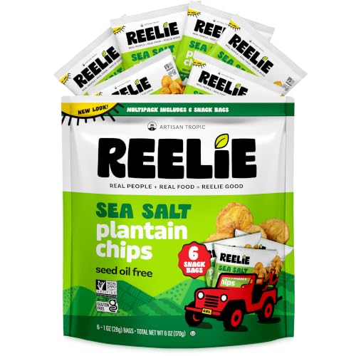 Reelie Plantain Chips, Sea Salt, 6 Individual 1 oz Bags for Lunchboxes