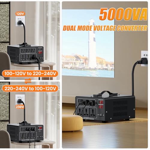 5000W Voltage Converter Transformer Step Up 110V/120V to220V/240V or Step Down 220V to 110V AC Power Converte, Circuit Breaker Protection, 3 US sockets, 3 Universal sockets, LCD Display2