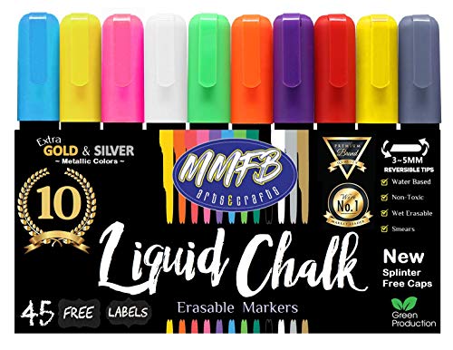 Premium Liquid Chalk Markers Medium Size (10 Pens Size M) w/ 45 Chalkboard