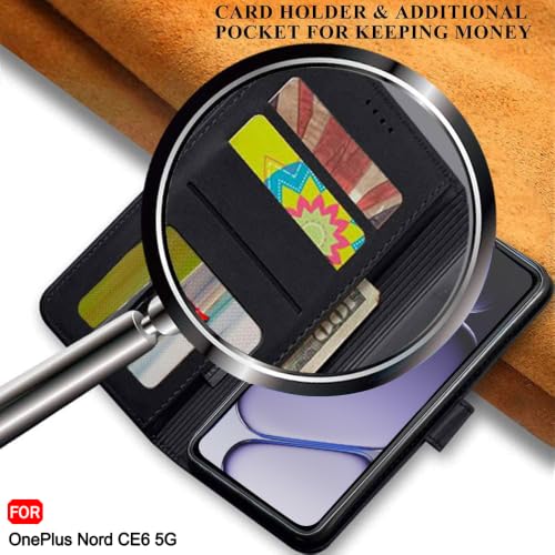 Image of TheGiftKart Genuine Leather Finish Flip Back Cover Case for OnePlus Nord CE 6 5G | Inbuilt Pockets & Stand | Wallet Style | Designer Button | Flip Back Cover for OnePlus Nord CE6 (Faux Leather, Black)